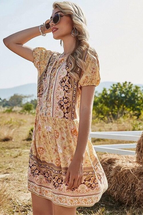 Robe Longue D'Été Femme Bohème Chic - Dentelle Imprimé Floral, Col V, Manches Courtes, Style Plage & Soirée