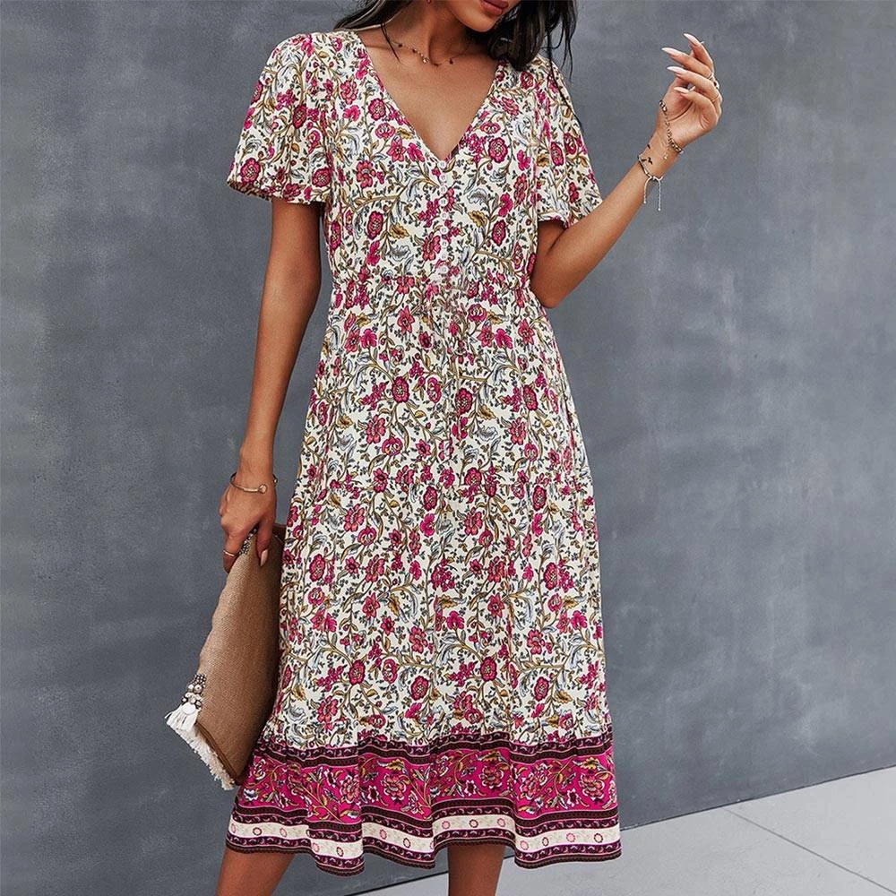 Robe Bohème Occidentale Pour Femme - Style Vintage Floral, Col En V, Confortable Pour Festival, Fête, Soirée