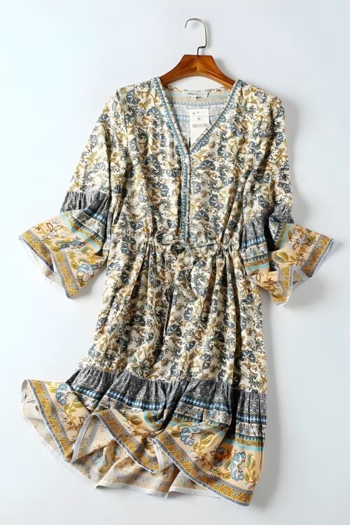 Robe mini manches évasées viscose imprimé floral bohème