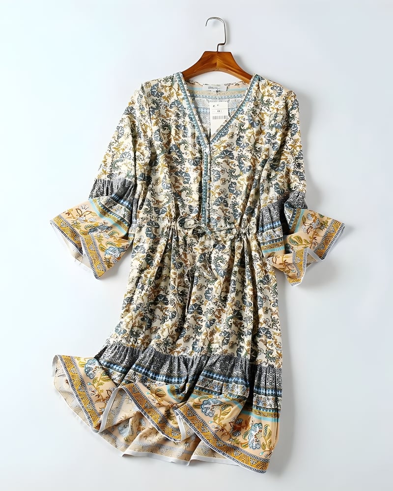Robe mini manches évasées viscose imprimé floral bohème