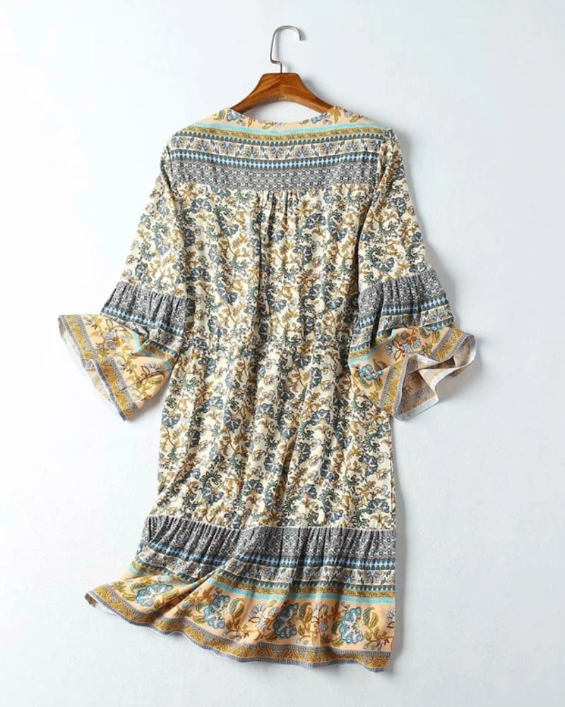 Robe mini manches évasées viscose imprimé floral bohème