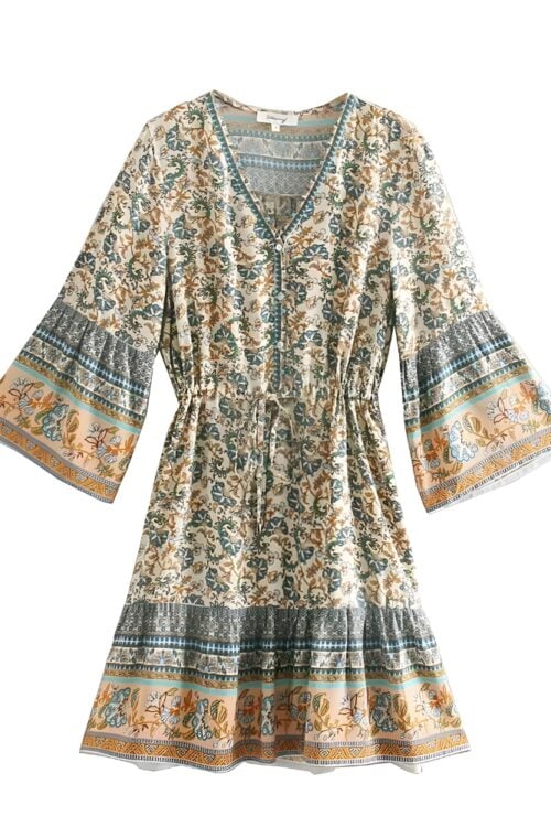 Robe mini manches évasées viscose imprimé floral bohème