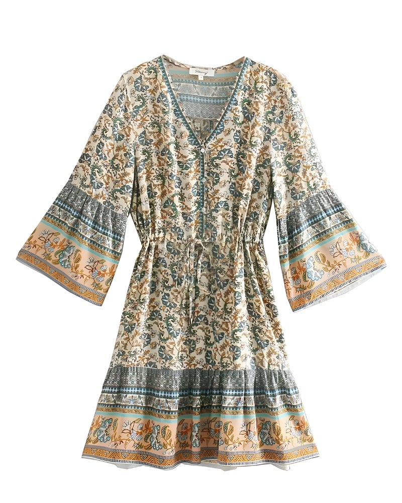Robe mini manches évasées viscose imprimé floral bohème