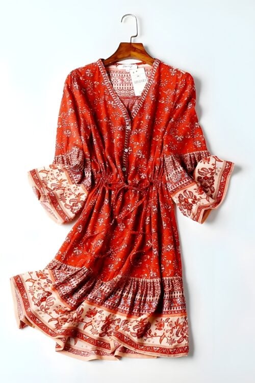 Robe mini manches évasées viscose imprimé floral bohème