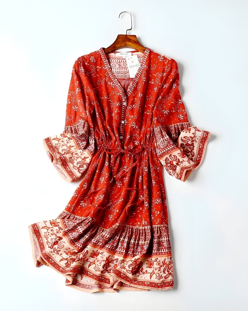 Robe mini manches évasées viscose imprimé floral bohème