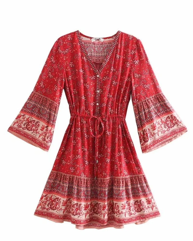 Robe mini manches évasées viscose imprimé floral bohème