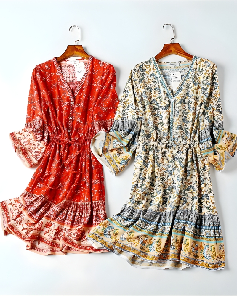 Robe mini manches évasées viscose imprimé floral bohème