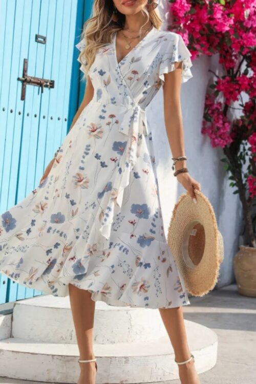 Robe d'été imprimé floral volants style coréen