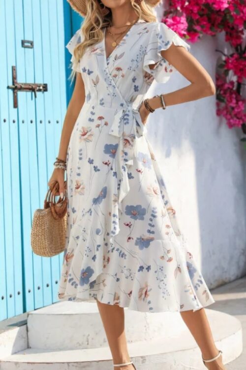 Robe d'été imprimé floral volants style coréen