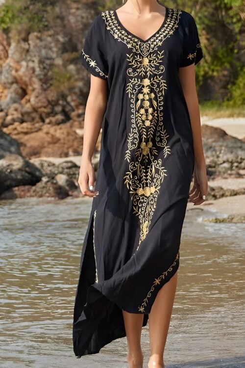 Robe longue ample imprimée col en V plage été