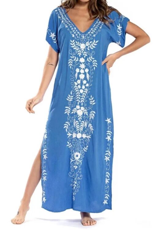 Robe longue ample imprimée col en V plage été