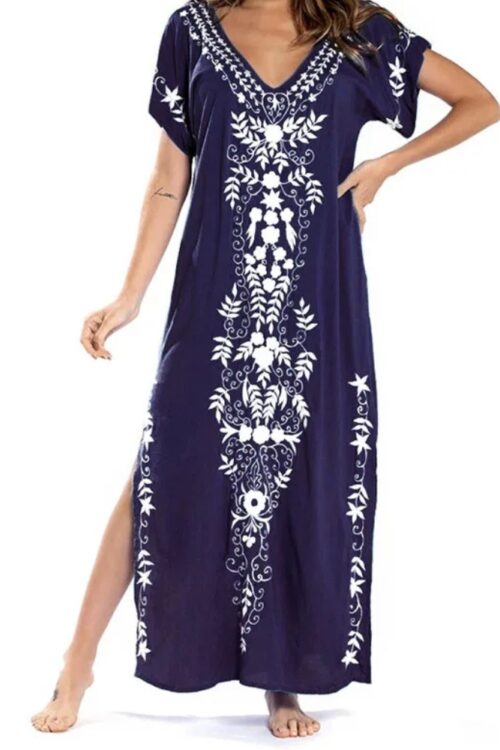 Robe longue ample imprimée col en V plage été