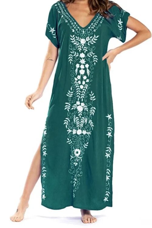Robe longue ample imprimée col en V plage été