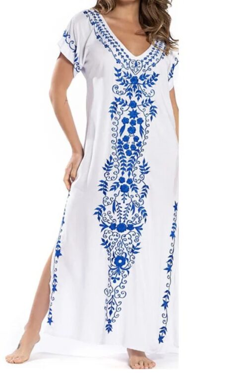 Robe longue ample imprimée col en V plage été