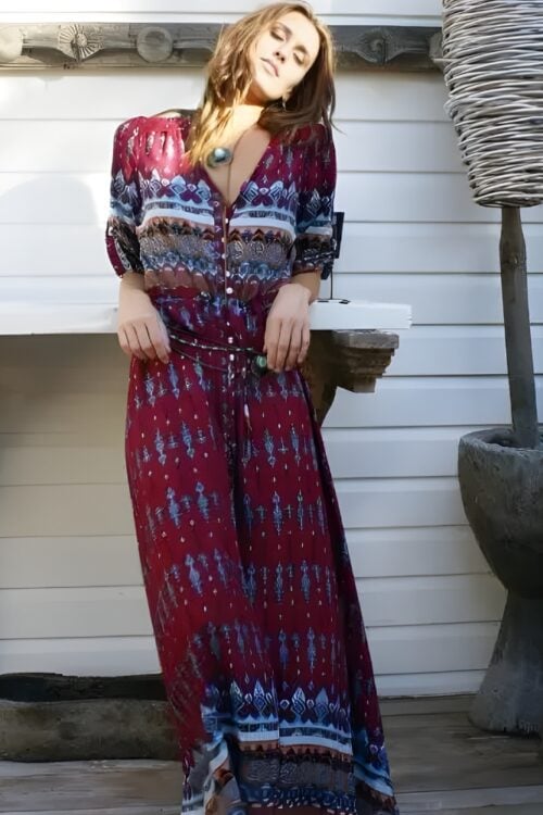 Robe longue bohème imprimé à manches trois quarts