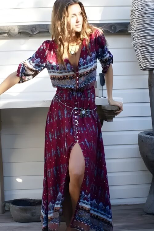 Robe longue bohème imprimé à manches trois quarts