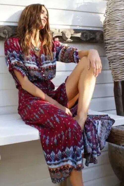 Robe longue bohème imprimé à manches trois quarts