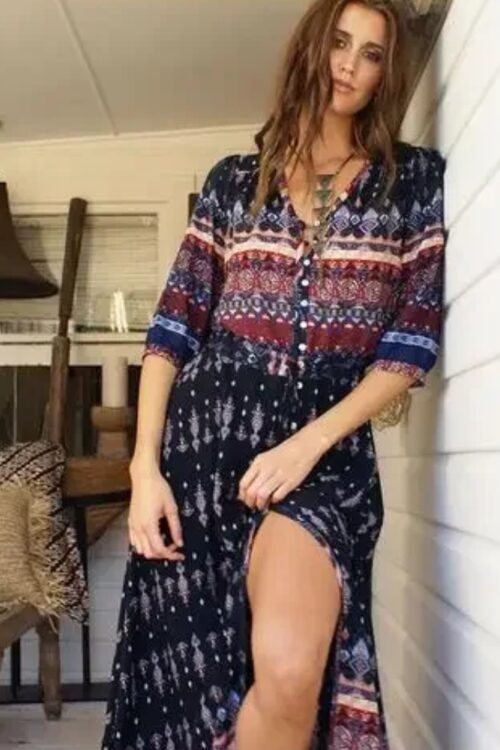 Robe longue bohème imprimé à manches trois quarts