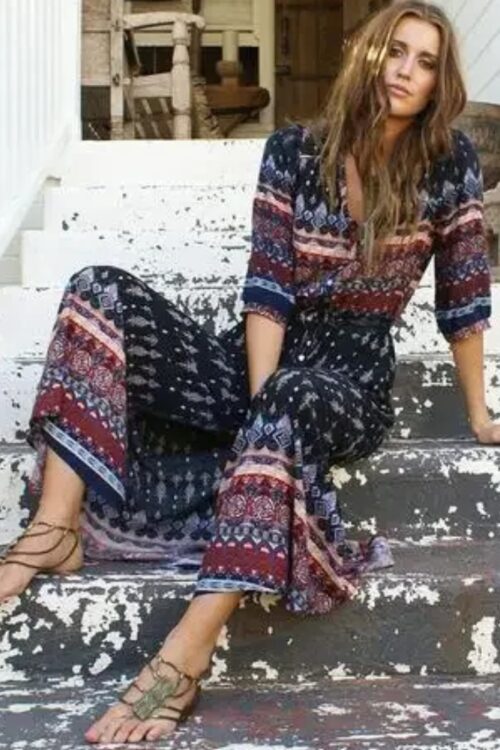 Robe longue bohème imprimé à manches trois quarts