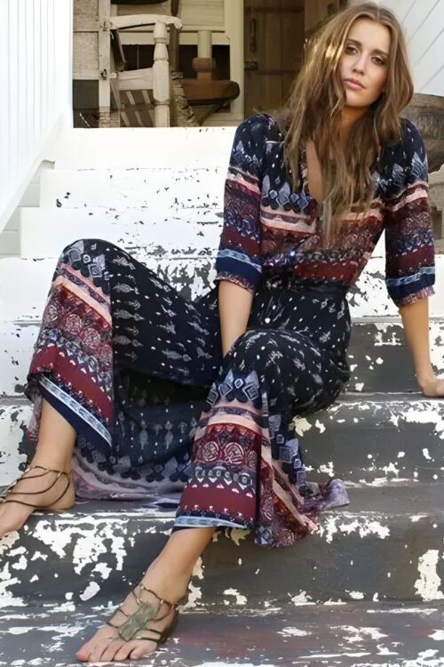 Robe longue bohème imprimé à manches trois quarts