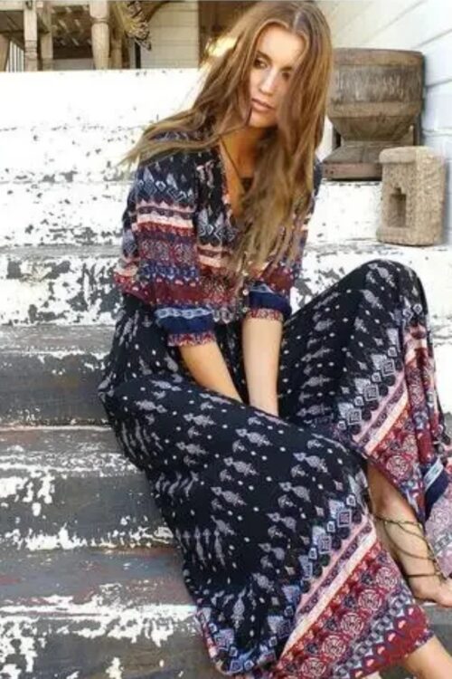 Robe longue bohème imprimé à manches trois quarts