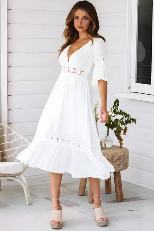 Robe longue dentelle florale boho manches cloche