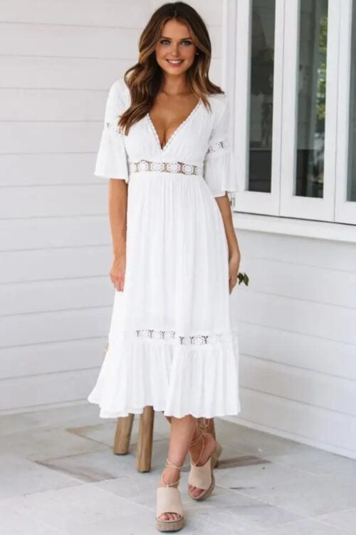 Robe longue dentelle florale boho manches cloche