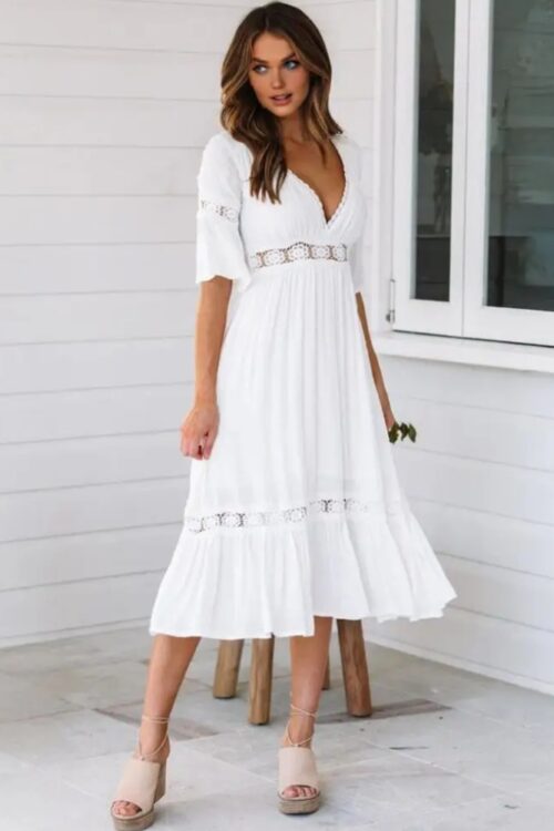 Robe longue dentelle florale boho manches cloche