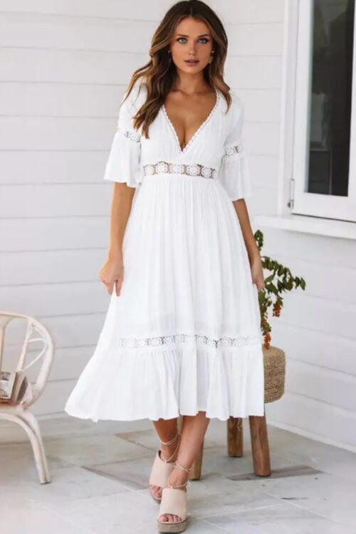 Robe longue dentelle florale boho manches cloche