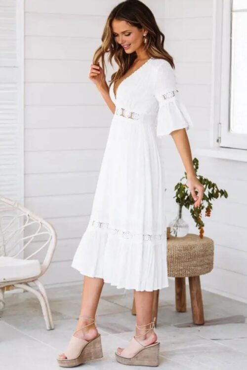 Robe longue dentelle florale boho manches cloche