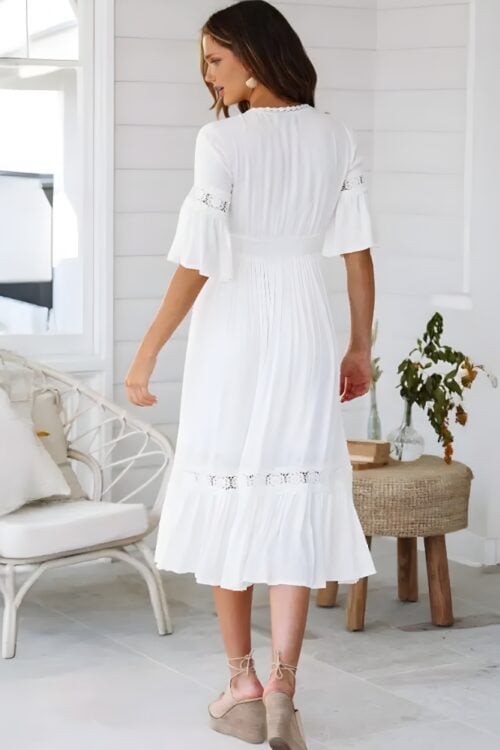 Robe longue dentelle florale boho manches cloche