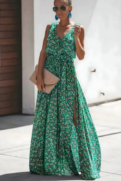 Robe longue imprimé col V romantique fente