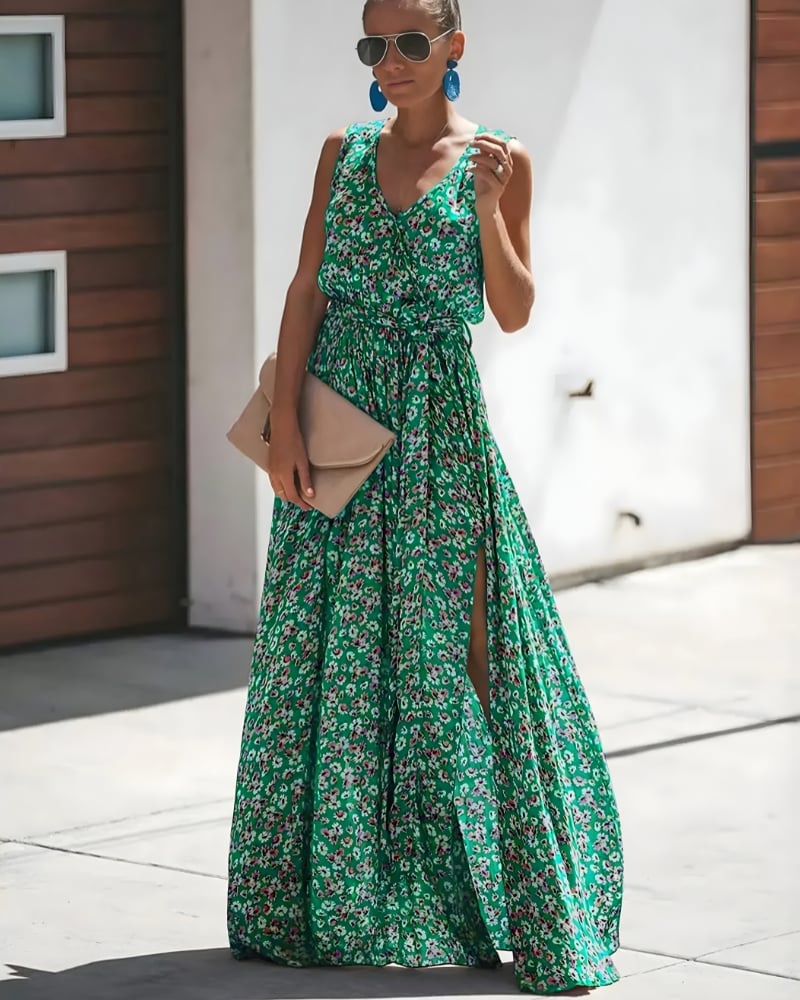 Robe longue imprimé col V romantique fente