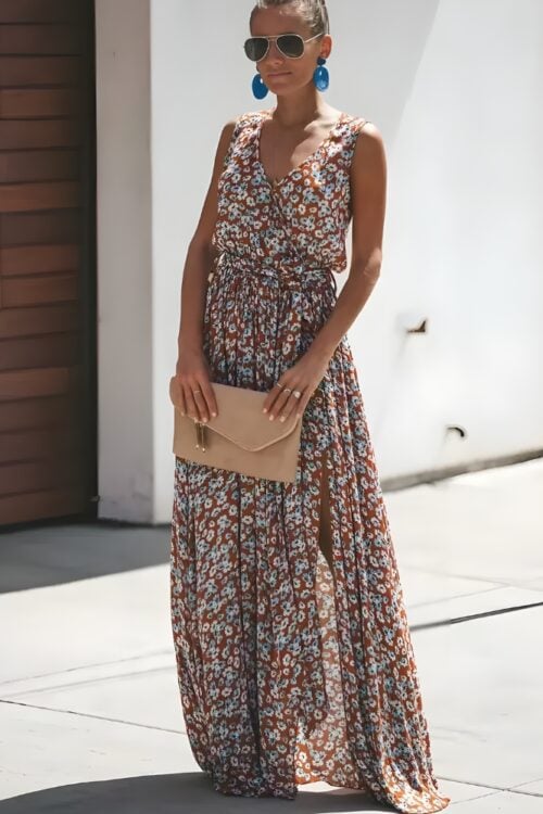 Robe longue imprimé col V romantique fente