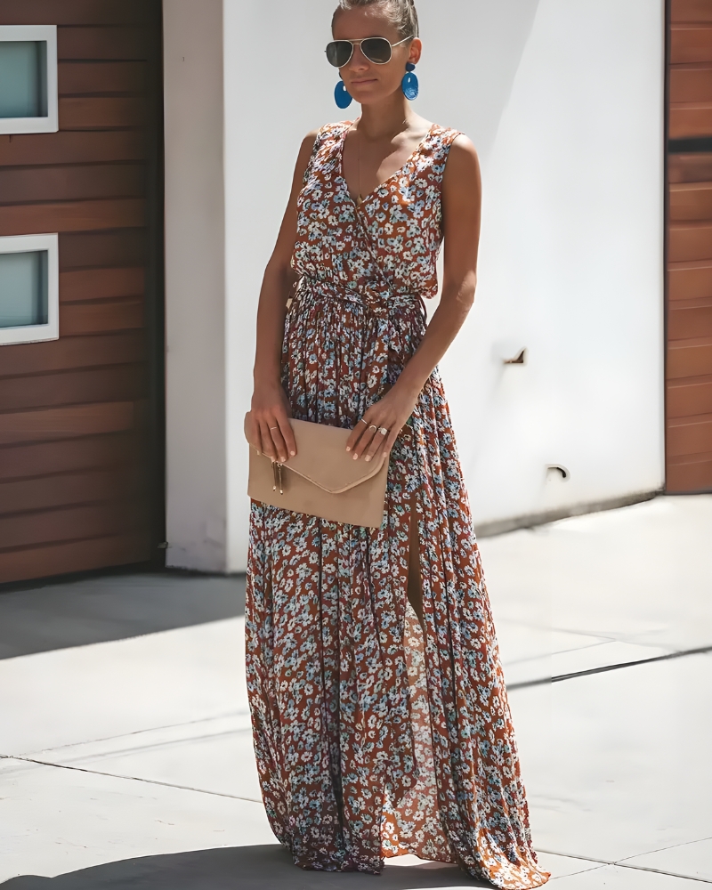 Robe longue imprimé col V romantique fente