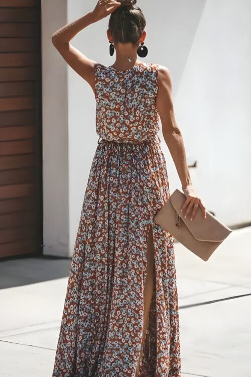 Robe longue imprimé col V romantique fente