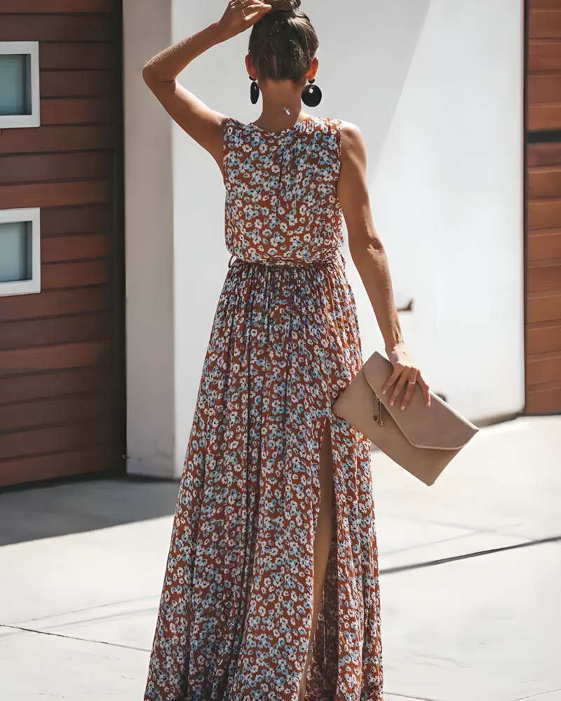 Robe longue imprimé col V romantique fente