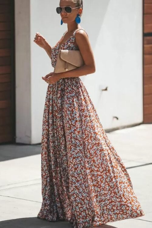 Robe longue imprimé col V romantique fente