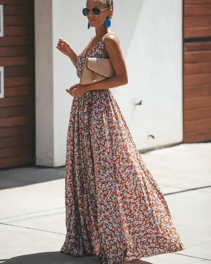 Robe longue imprimé col V romantique fente