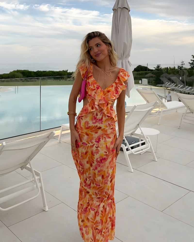 Robe longue volants imprimé plage style bohème