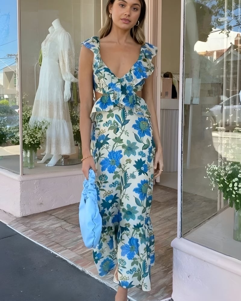 Robe longue volants imprimé plage style bohème