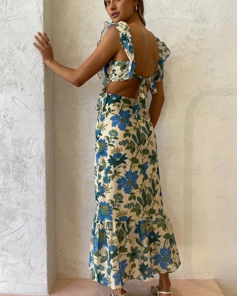 Robe longue volants imprimé plage style bohème