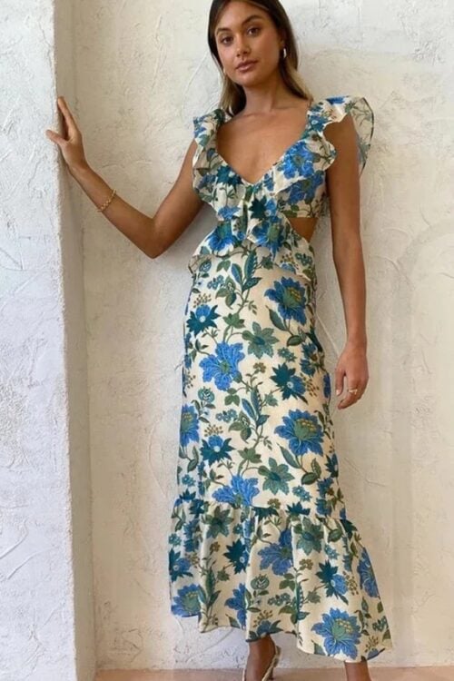Robe longue volants imprimé plage style bohème