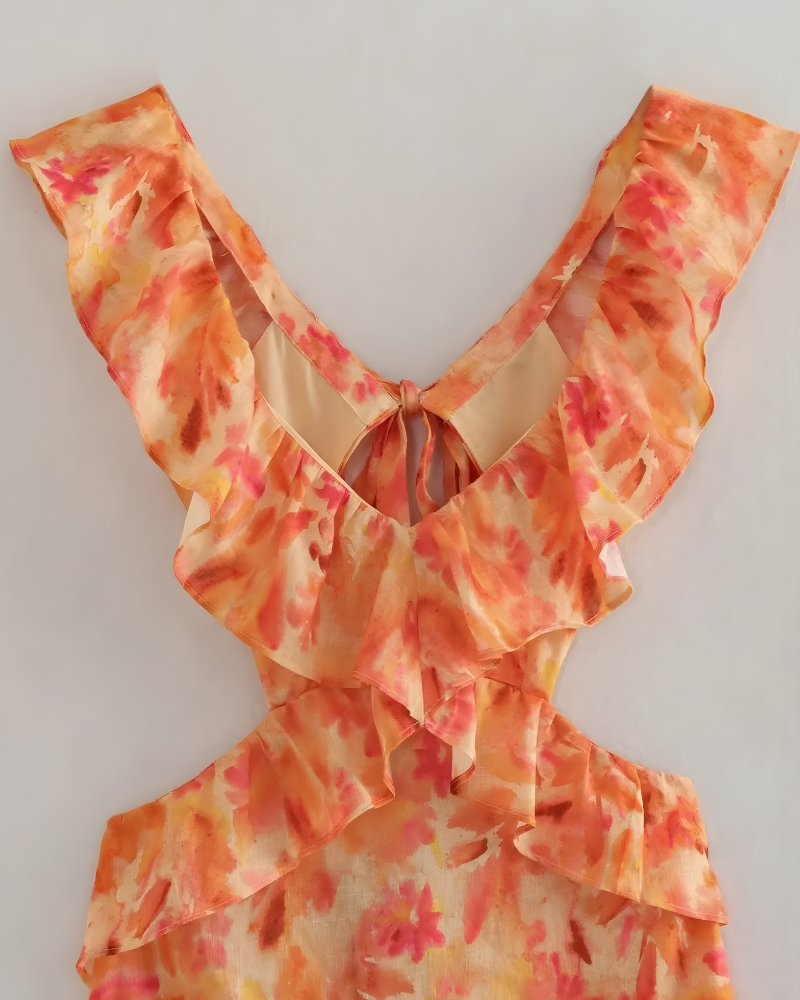 Robe longue volants imprimé plage style bohème