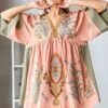 Robe mini lin et coton broderie florale boho été