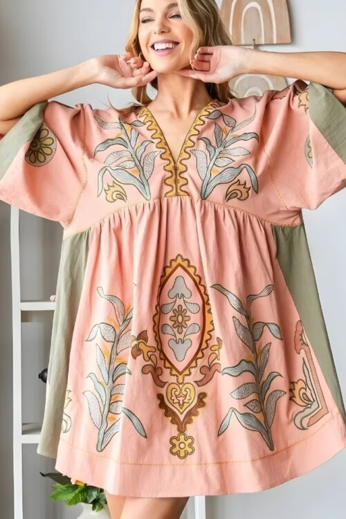Robe mini lin et coton broderie florale boho été