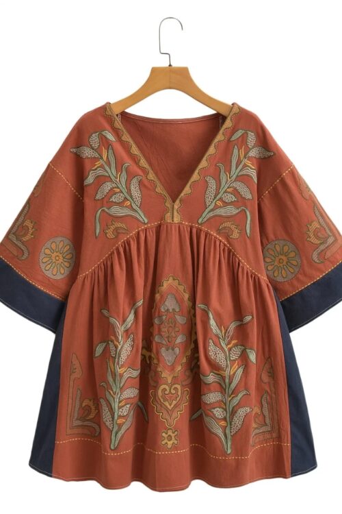 Robe mini lin et coton broderie florale boho été