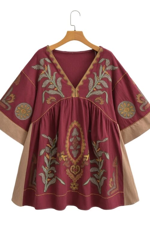Robe mini lin et coton broderie florale boho été