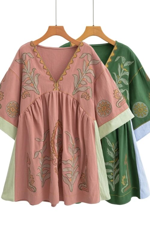 Robe mini lin et coton broderie florale boho été