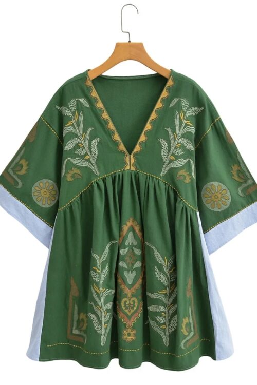Robe mini lin et coton broderie florale boho été